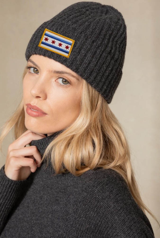 Chicago Flag Patch Cuffed Ribbed Beanie Hat Gold Border Dark Grey