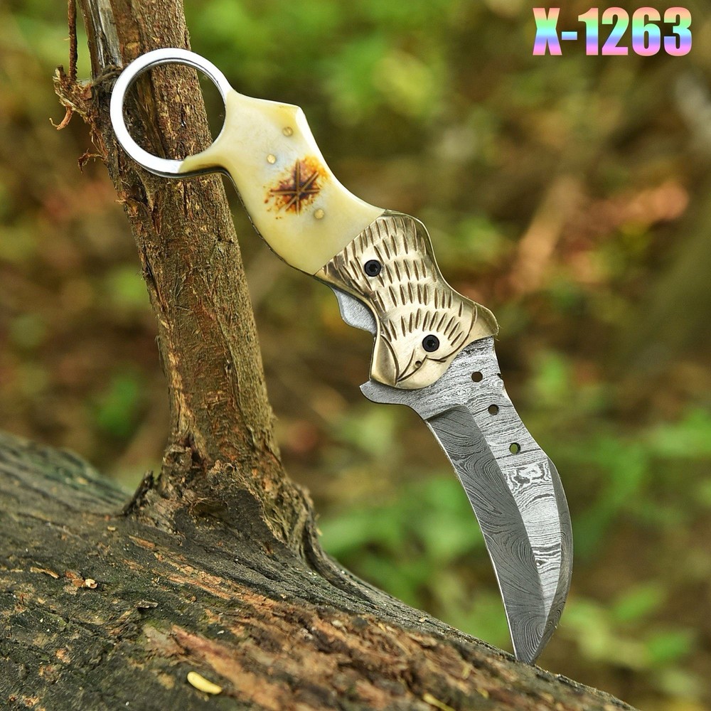 Damascus Folding Karambit Blade Pocket Knife Case -Original Camel Bone Handle