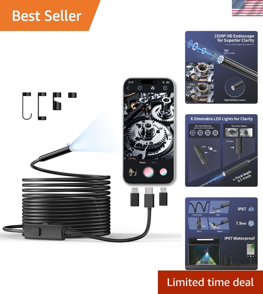Endoscope Camera with Light, 1920P HD Borescope Inspection Camera with 8 Adjusta