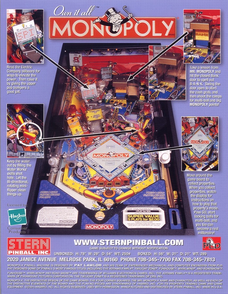 2001 STERN MONOPOLY PINBALL FLYER
