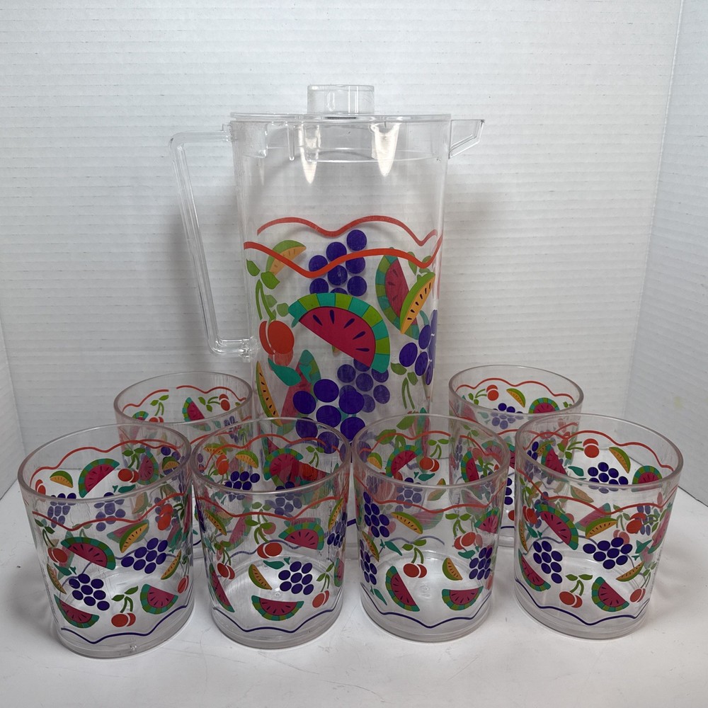 Leahy Designs Pitcher & 6 Cups Set With Fruit Pattern 1992