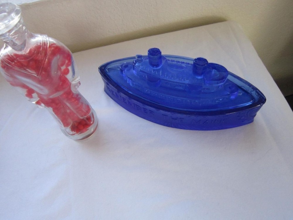 CANDY CONTAINER COBALT BLUE SHIP REMEMBER THE MAINE & SAILOR W/RED CANDY