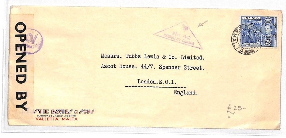 MALTA WW2 Censor Cover 1941 Triangular *42* & Circular *12* Violet London HH294