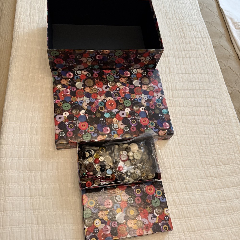 Storage Boxes(2), Assorted Buttons And Vintage Sewing Box.