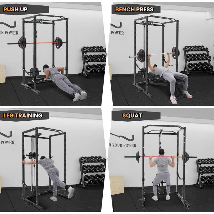 Power Cage ,Multi-Functional Power Rack w/Pulley System ,J-Hooks Dip Bar Workout