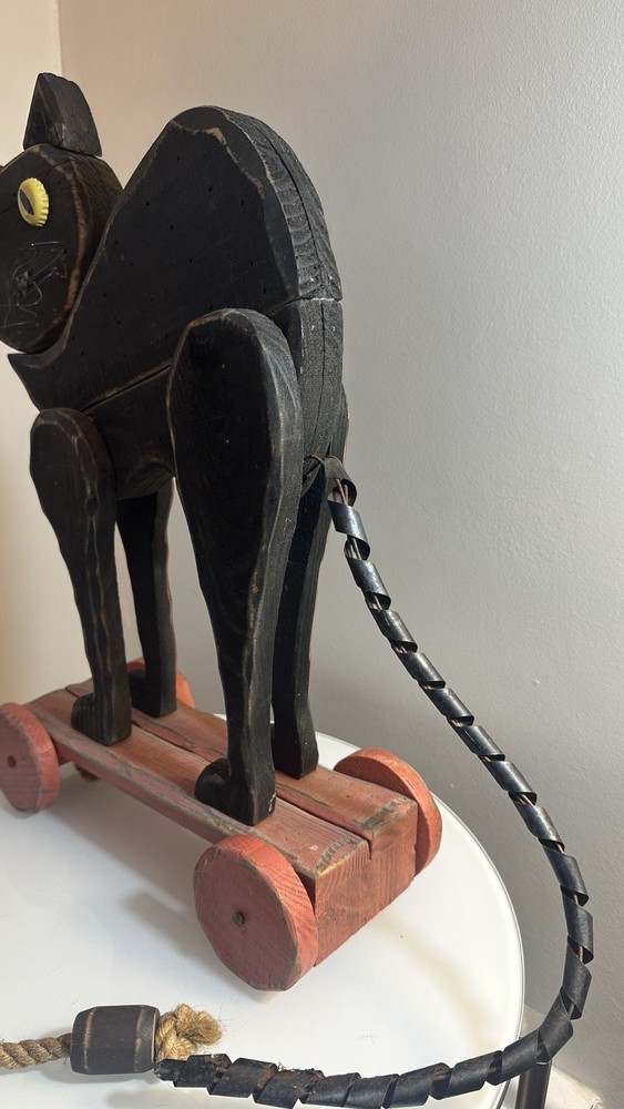 Vintage Folk Art Black Cat Pull Toy