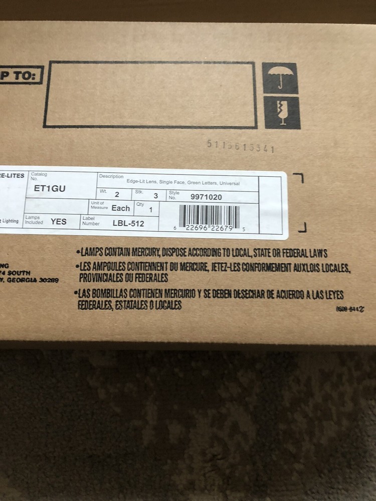 New Cooper Lighting ET1GU LGreen LED Edge-Lit Single Face EXIT Sign Sure-Lite