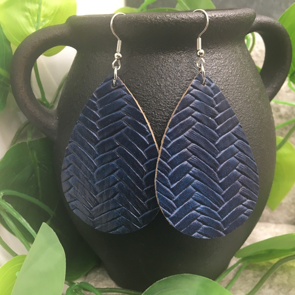 3” Silver-tone Embossed Leather Earring Set Drop Dangle New Free Ship A916