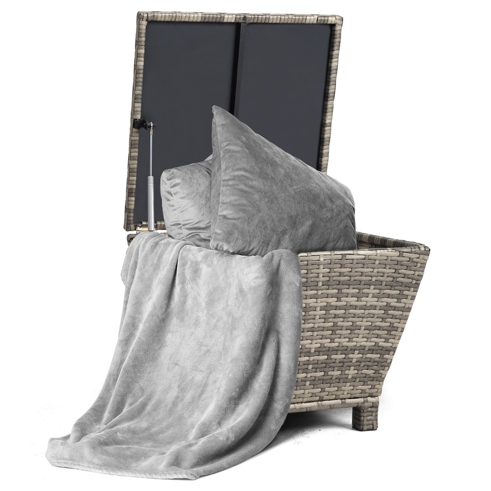 Outdoor PE Wicker Side Table with Storage, Small Patio Storage Bin Container