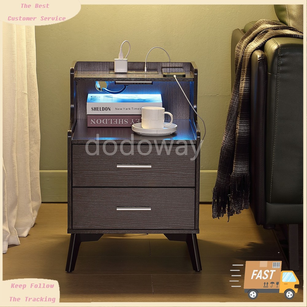 2 Set Black Bedside Table Nightstand End Side Table With USB Charging Station