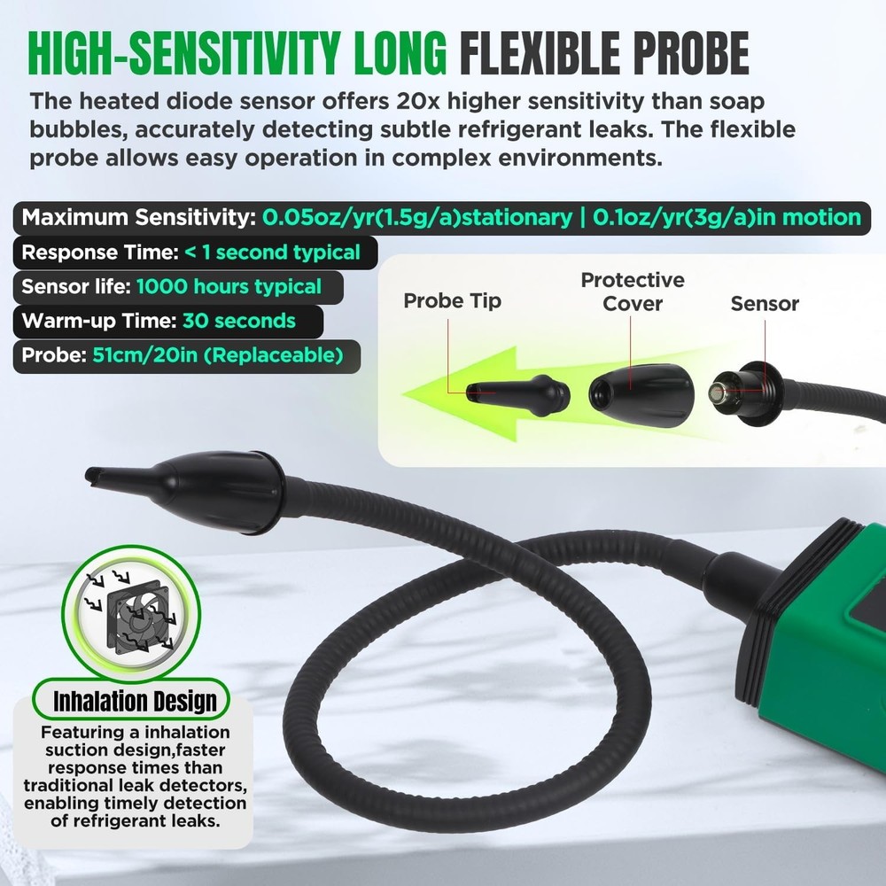 Sensitive HVAC Refrigerant Leak Detector with Heated Diode Sensor