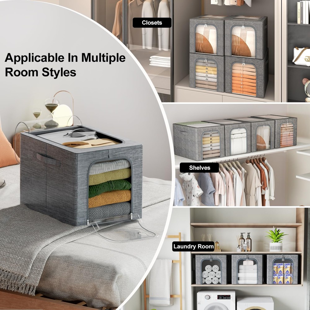 GoMaihe Clothes Storage Bin with Metal Frame: 6-Pack Stackable Closet 40L, 6
