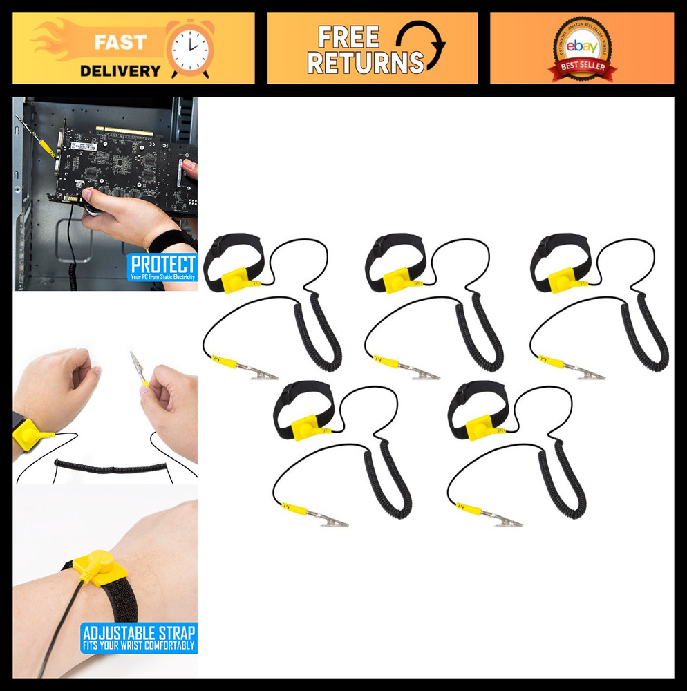 Adjustable Anti-Static Wrist Strap 5 Pack - ESD Grounding Bands for PC & Electro