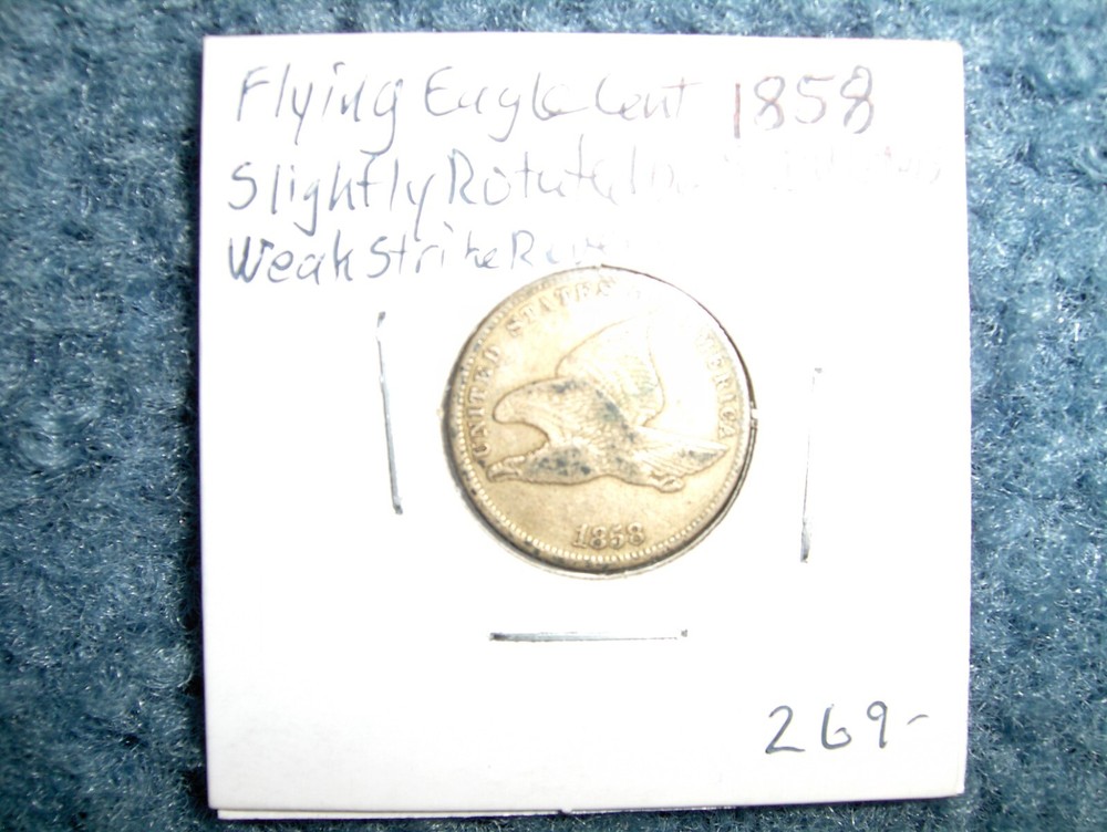 RARE 1858 SMALL LETTERS ROTATED DYE FLYING EAGLE SMALL CENT COIN-WEAK STRIKE!