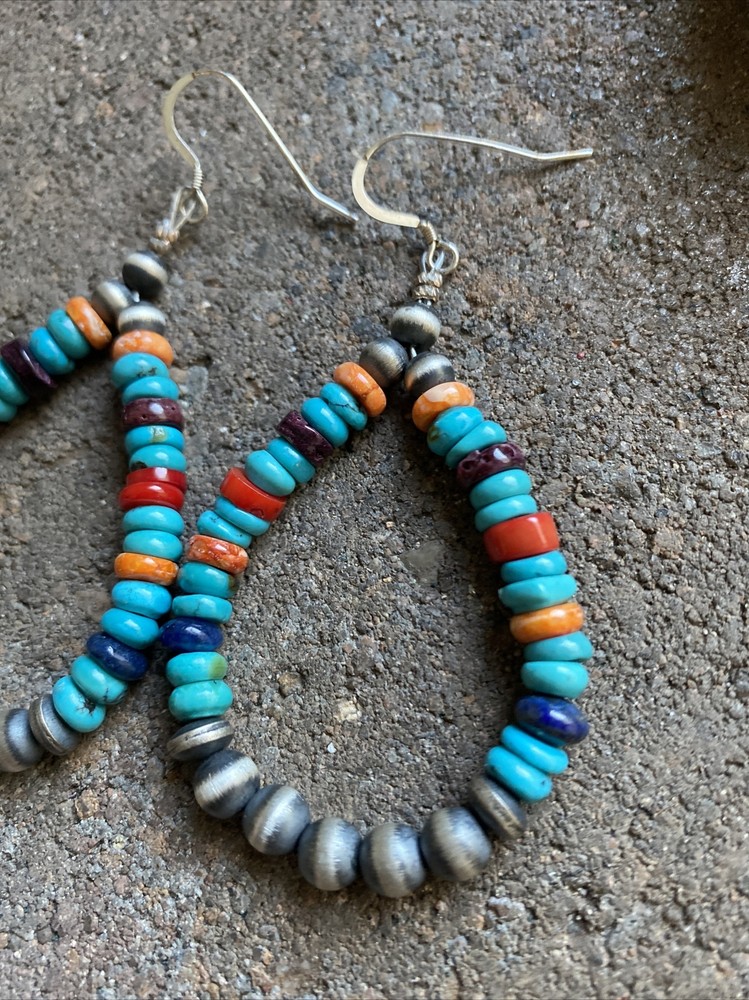 Sterling Silver Multi Stone W Pearls Bead Loop Earrings.