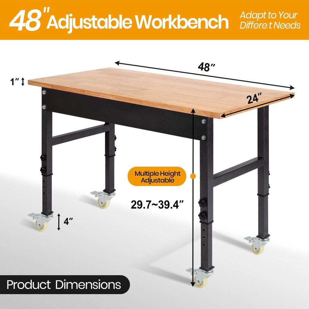 48" Adjustable Work Bench, Workbench Heavy-Duty Work Table with Wheels