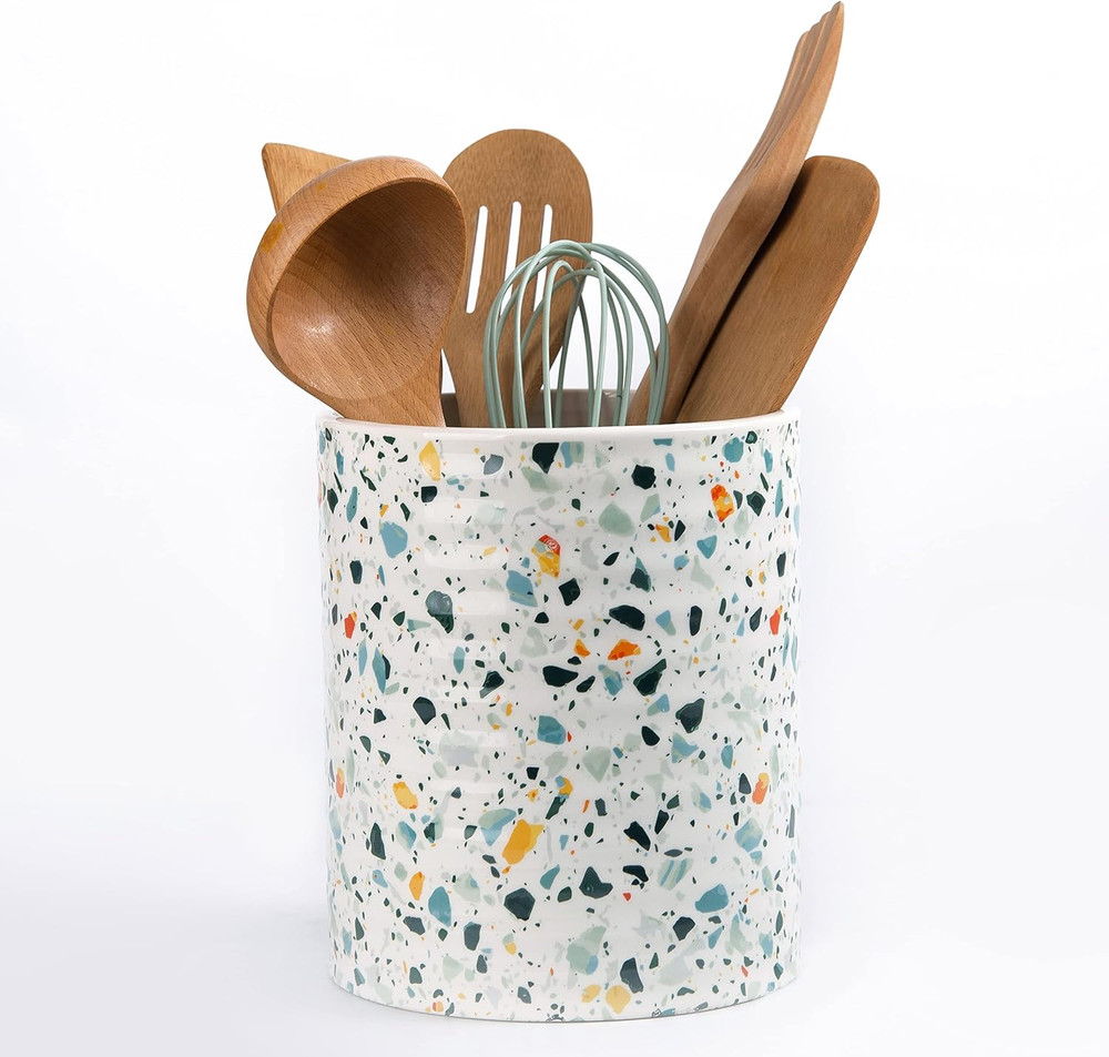 Kitchen Utensil Holder,7.2″Extra Large Stable Terrazzo Marble Pattern Ceramic Ut