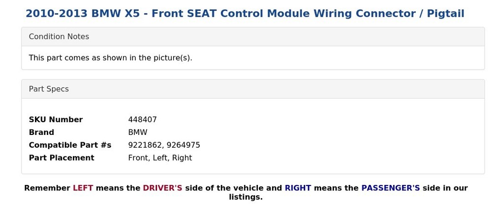 2010-2013 BMW X5 - Front SEAT Control Module Wiring Connector / Pigtail