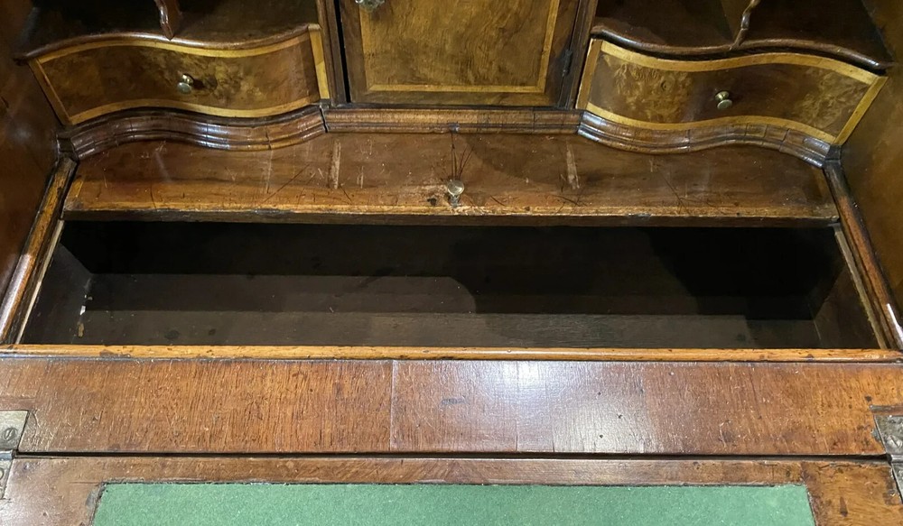 18th c English Burled Walnut Two Part Desk with Slant Front