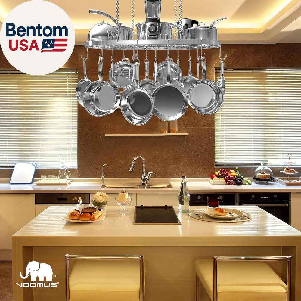 Hanging Pot Rack - Ceiling Mount Kitchen Organizer for Pots and Pans with 15 Hoo