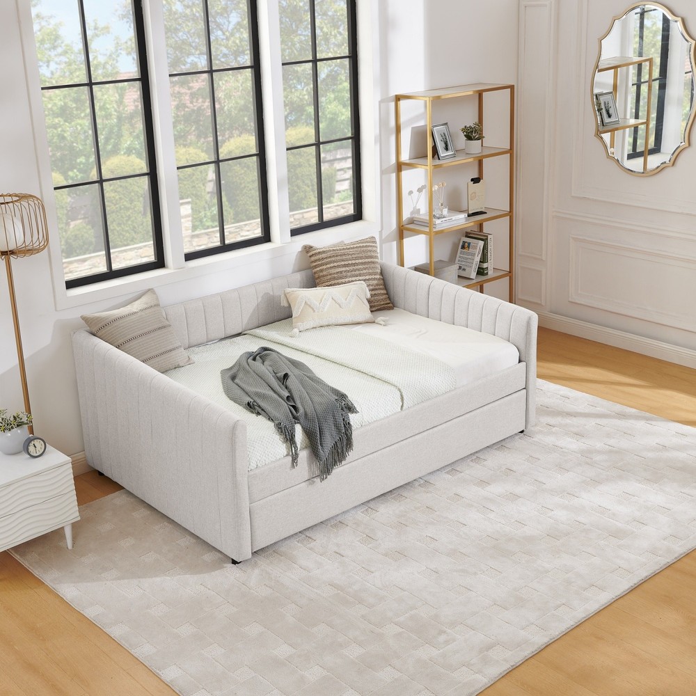 Full Daybed Modern Linen Upholstered Bed Frame Sofa Bed w/ Pull-Out Trundle