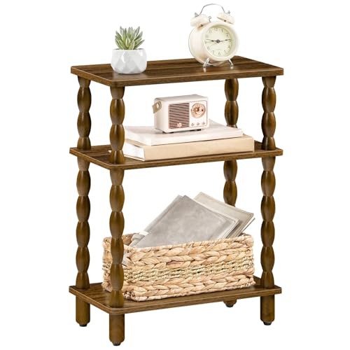 Narrow End Table, 3-Tier Small Side Table with Solid Wood Legs, Skinny Walnut