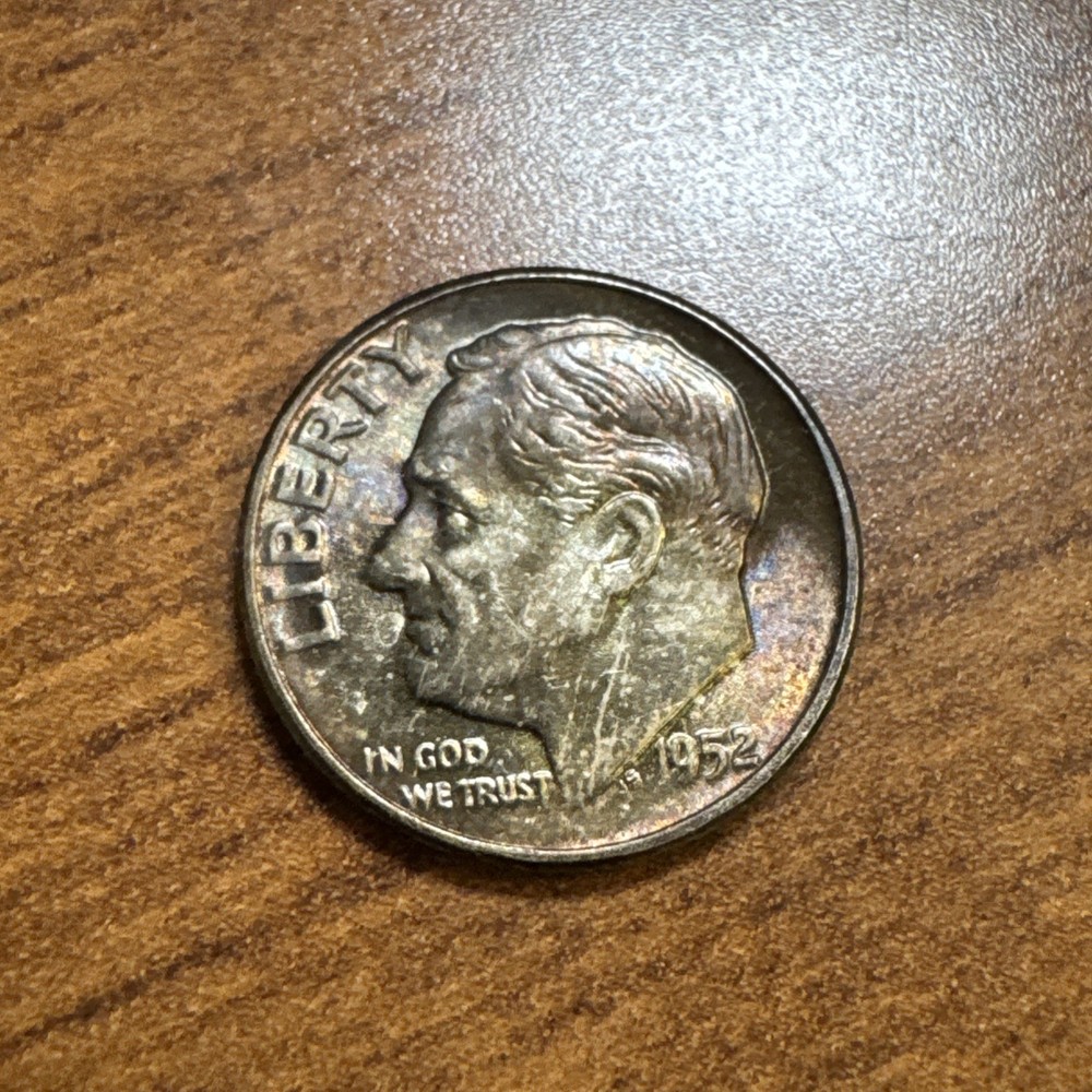 1952 Roosevelt Silver Dime Gem Uncirculated Rainbow Toning
