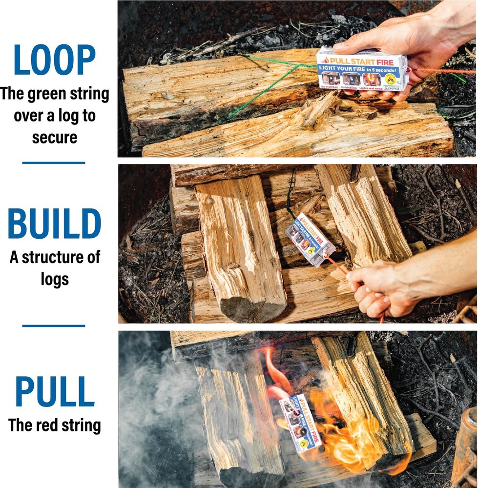 Pull Start Fire String Firestarter | No Matches Required, 3 Count, White