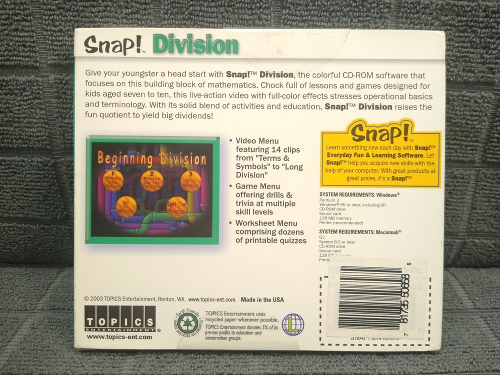 Snap! Division (Windows/MAC) Learning Software BRAND NEW (Windows 95/XP/Mac 8.5)