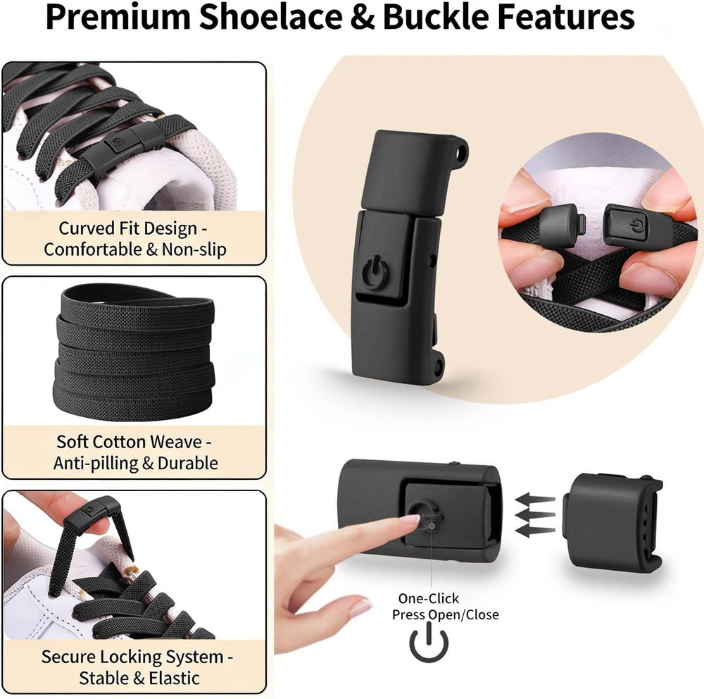 No Tie Elastic Shoelaces - 100cm| Push-Button Closure for Quick Use | Universal