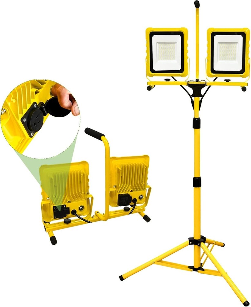 25000 Lumen Work Lights with Stand, Dual Head LED Work Light with USB & Socket,