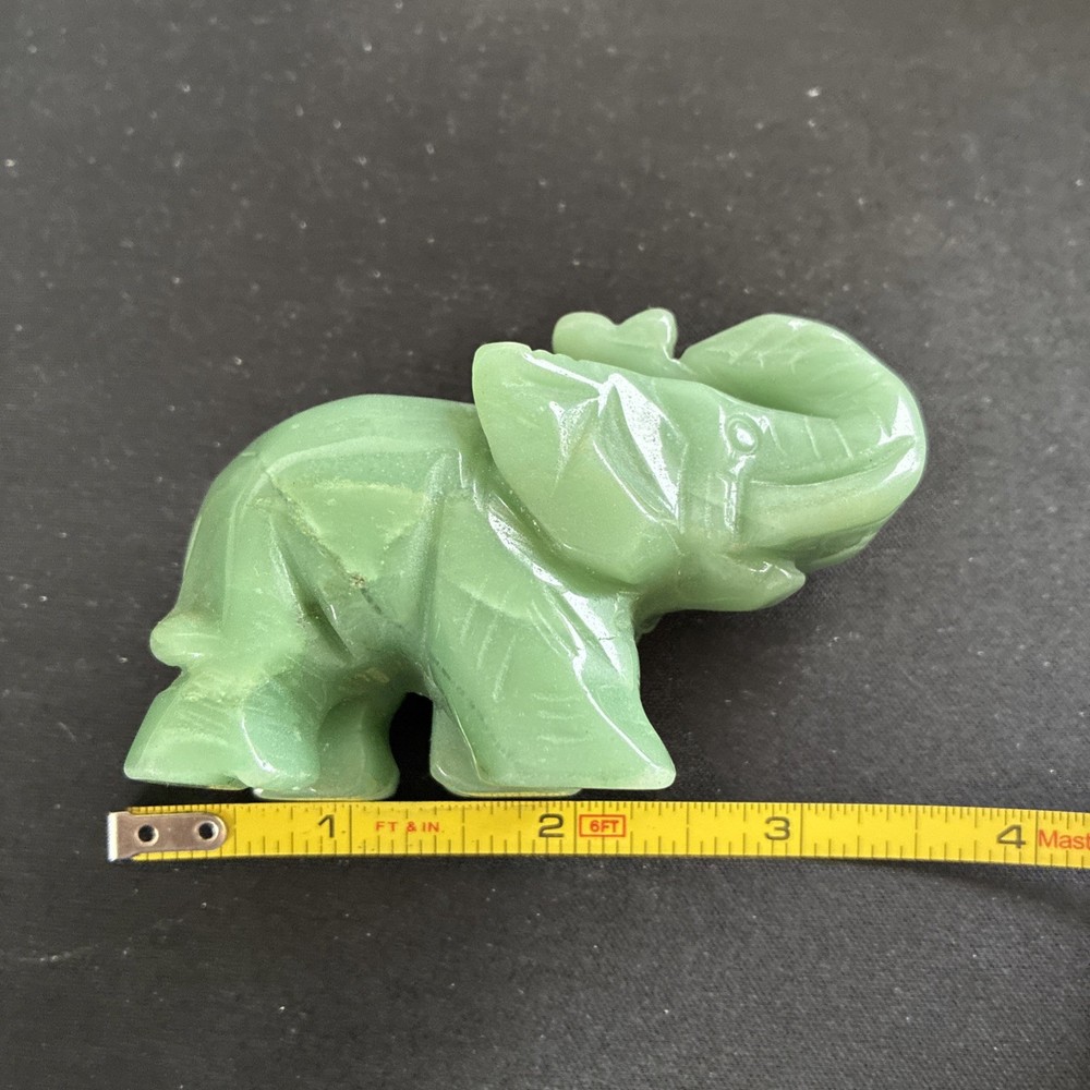 JADE ELEPHANT HAND CARVED SOLID SMALL TRUNK UP GREEN