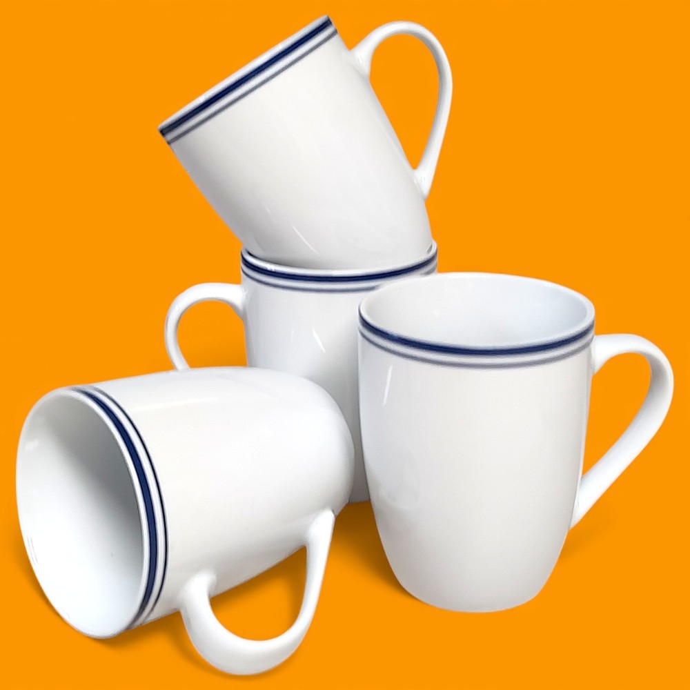 4pc Set Amazon Basics Cafe Stripe Blue / White Coffee Cups/ Mugs 4"
