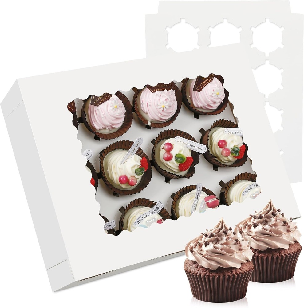 3-Set Cupcake Boxes Bulk with Clear Display Window Hold 12 Standard Cupcakes, Di