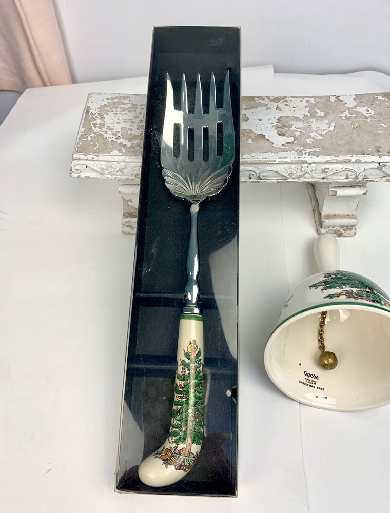 Spode Christmas Tree Handled Dinner Bell & Meat Fork In Box EUC