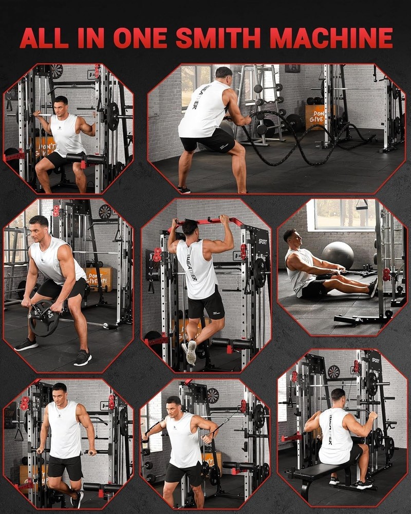 Smith Machine Home Gym 2200LBS Squat Rack Power Cage with LAT Pull-Down ,Workout