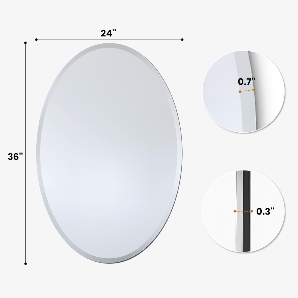 Modern Frameless Beveled Oval Mirror 36"x24" Reinforced Back Panel Vanity Mirror