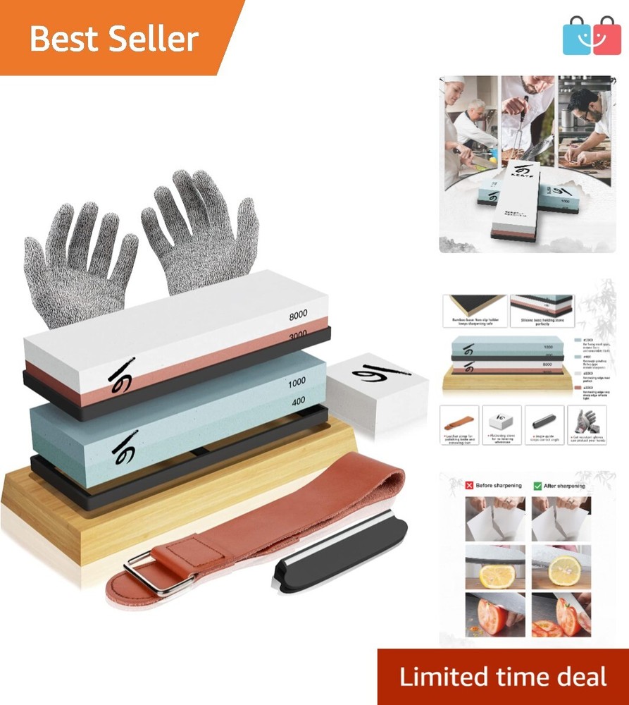 Razor Sharp Knife Sharpening Stone Set – Safe & Easy with Cut-Resistant Gloves
