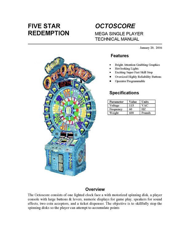 Super Mega Octoscore Redemption Game Owner Manual Five Star Redemption 5 Xx