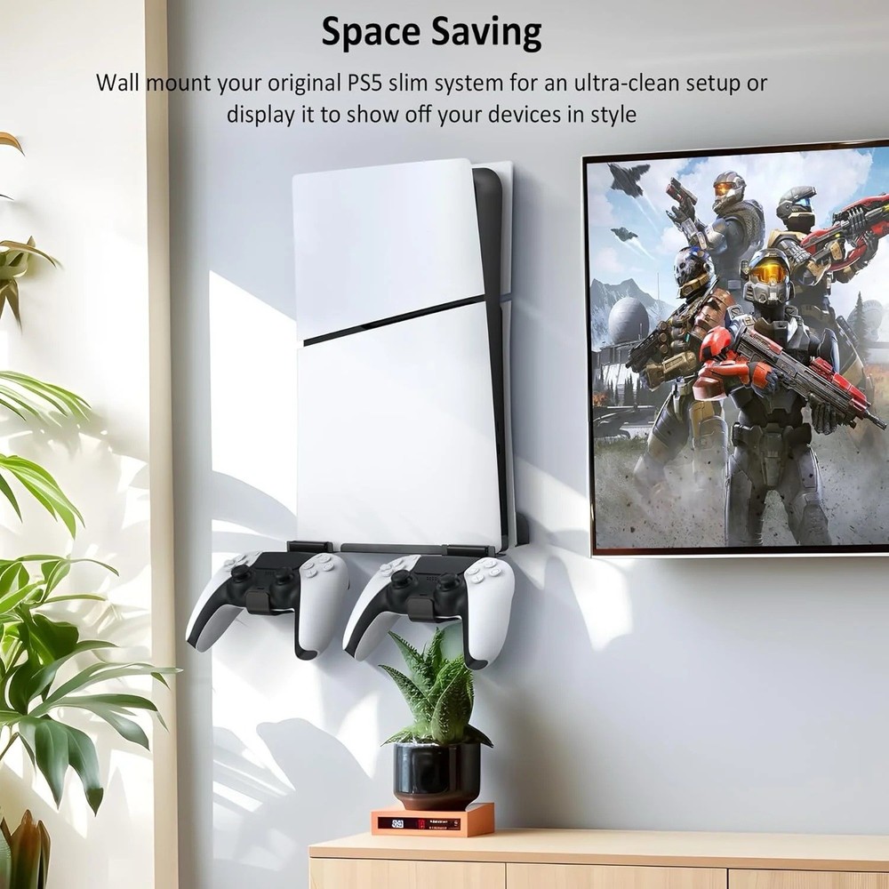 Wall Mount for PS5 Slim Console with 2 Controller Holders & Heat Vent Design