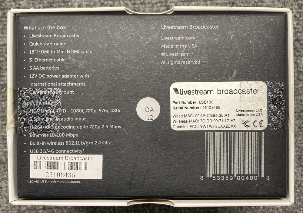 Livestream Broadcaster Portable HD Video Streamer Encoder LSB100 - Open Box -