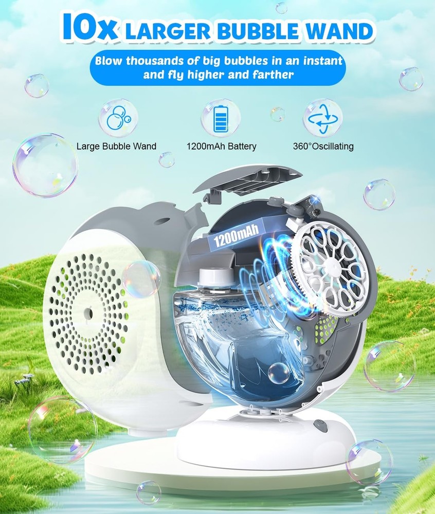 Rechargeable Bubble Machine - Auto 360° Rotation, 75° Tilt Range, 10 Large Wa...