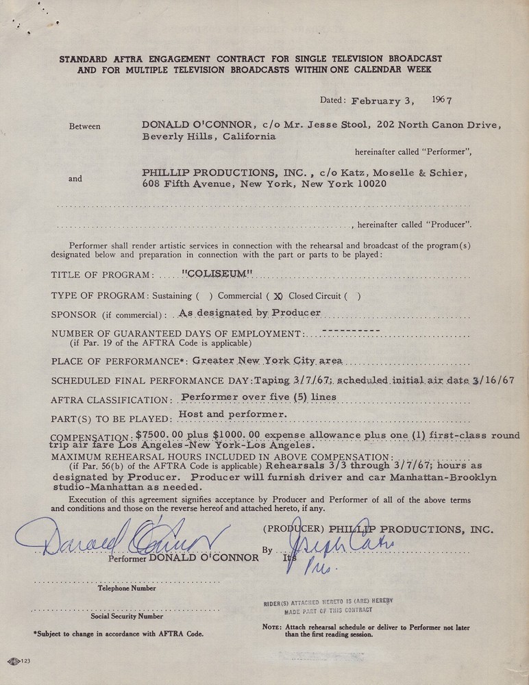 DONALD O'CONNOR - CONTRACT DOUBLE SIGNED 02/03/1967
