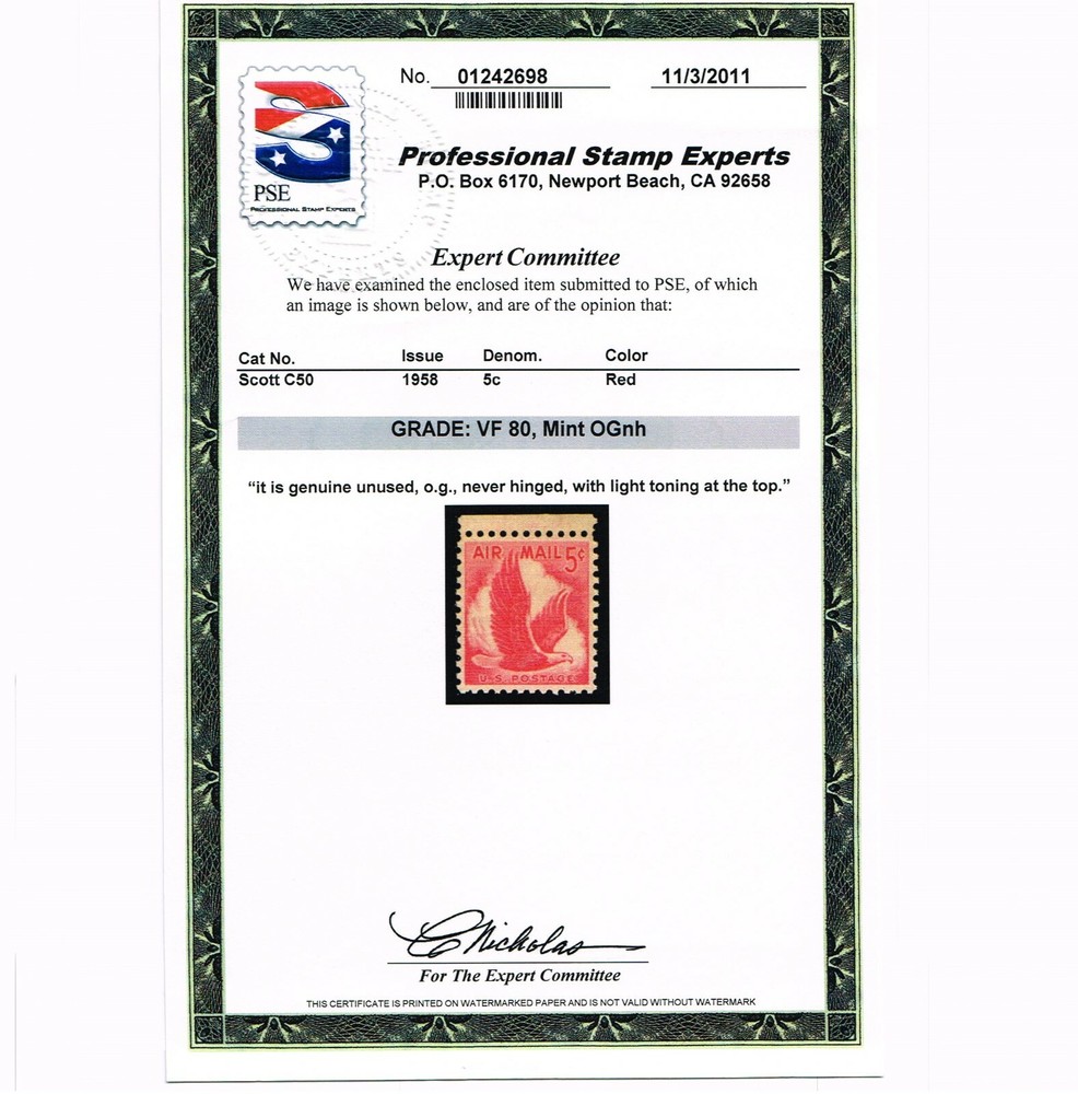 GENUINE SCOTT C50 VF MINT PRISTINE OG NH PSE CERT - 1958 AIR MAIL