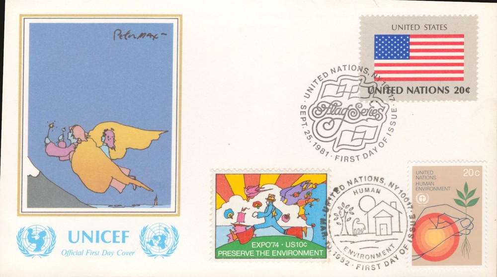 1981 UN FDC - artwork by Peter Max - Human Ebviornment Issue