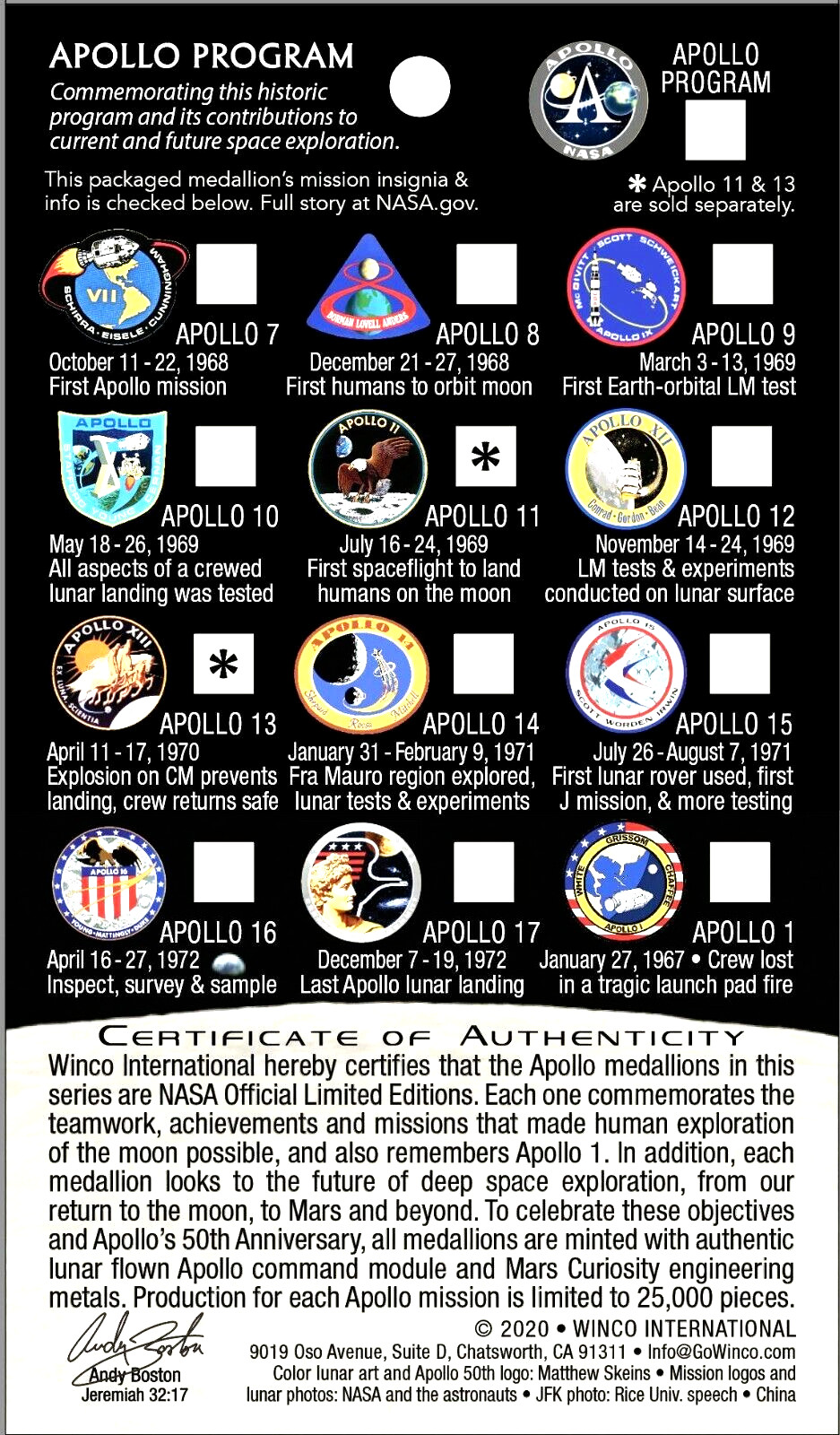 APOLLO PROGRAM - 50th Anniversary - LUNAR FLOWN METAL - NASA MEDALLION - COA