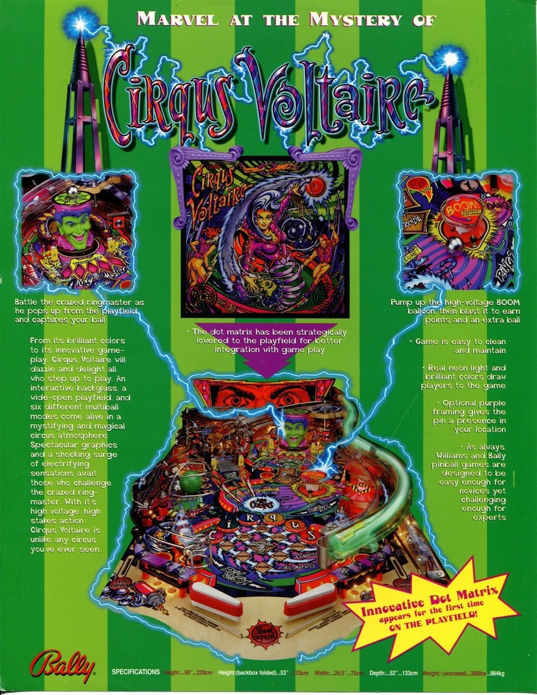 Cirqus Voltaire Bally Pinball Flyer / Brochure /Ad Mint