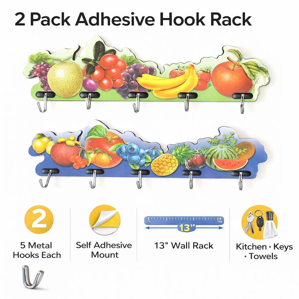 2 Pack Self Adhesive Wall Hooks Rack Fruit Design 5 Hooks Kitchen Key Holder