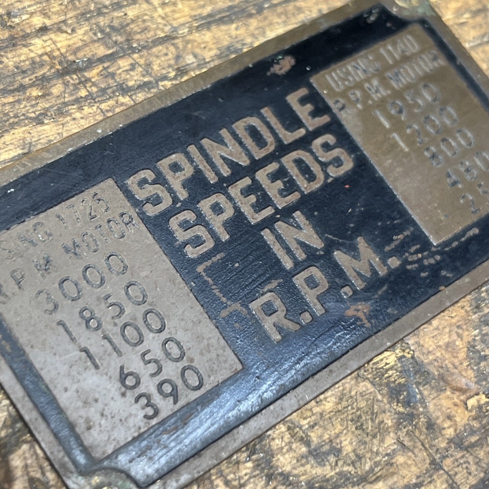 Atlas Clausing 18" Drill Press Badge / Tag / Logo Spindle Speeds