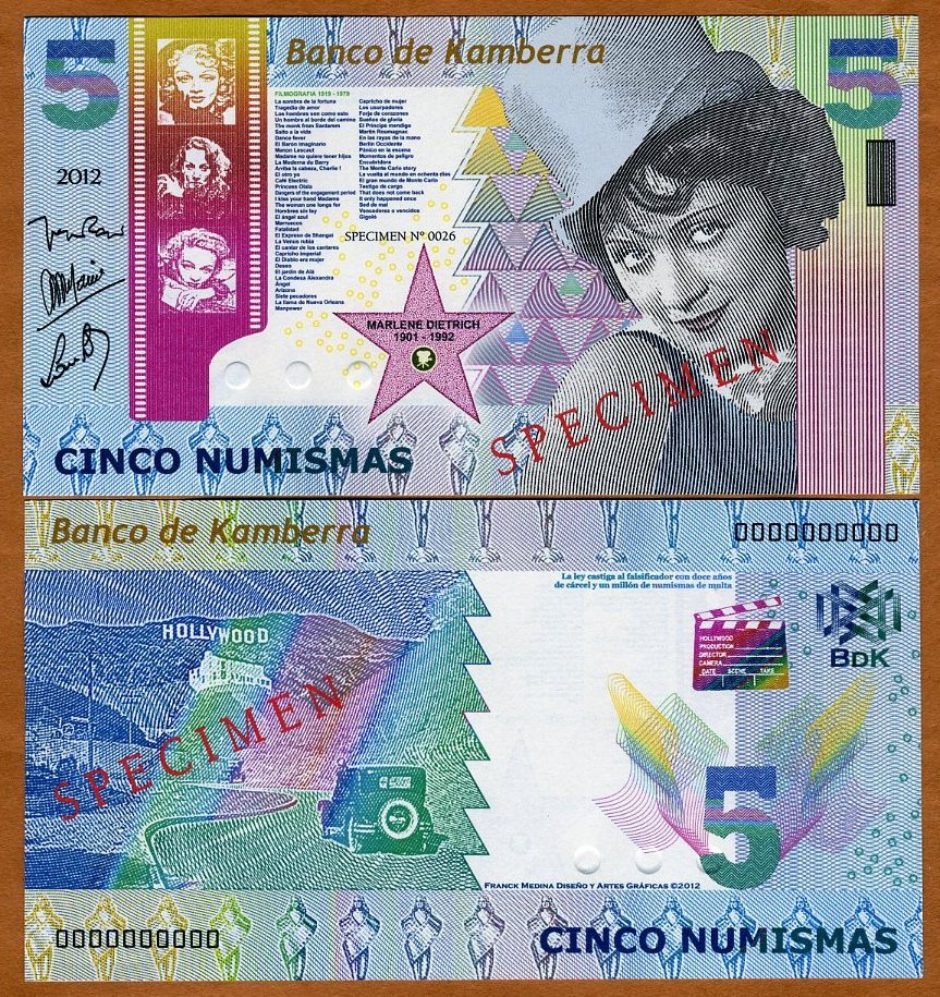 Specimen, Kamberra, Kingdom, 5 Numismas, 2012, UNC Marlene Dietrich